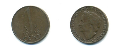 Нидерланды 1 цент 1948 Вильгельмина (1890-1948), год тип KM 175 бронза 80-948