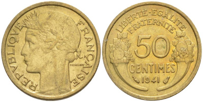 ФРАНЦИЯ 50 САНТИМОВ 1941 ТИП MORLON KM 894.1, LE FRANC 192.18 алюминиевая бронза 44-429