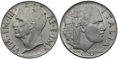 ИТАЛИЯ 20 ЧЕНТЕЗИМО 1941 R, ВИКТОР ИМАНУИЛ, XIX ГОД KM 75b нержавеющая сталь 98-133