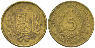 Финляндия 5 марок 1947 S KM 31a латунь 4586-411