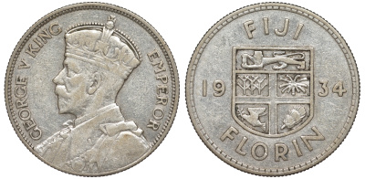 Фиджи 1 флорин 1934 Георг V (1910-1936), герб Фиджи KM 5 серебро 91-1222