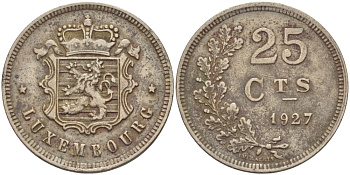 ЛЮКСЕМБУРГ 25 САНТИМОВ 1927 KM 37 медно-никель 24-332