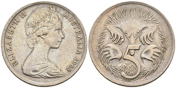 АВСТРАЛИЯ 5 ЦЕНТОВ 1968 ЕЛИЗАВЕТА II, МОЛОДОЙ ПОРТРЕТ, ЕХИДНА KM 64 медно-никель 4564-1151