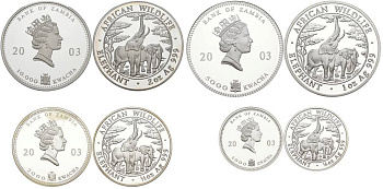 Замбия набор из 4 монет 2003 Дикая природа Африки 2003, слоны, 1000, 2000, 5000, 10000 квача (1/4 OZ, 1/2 OZ, 1 OZ, 2 OZ), в оригинальной деревянной коробке с сертификатом №0532, тираж 2000 экз. KM 183, 184, 185, 188 серебро PROOF 3-5-2-52