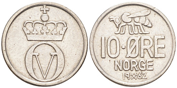 НОРВЕГИЯ 10 ЭРЕ 1962 ПЧЕЛА, ОЛАФ V (1957-1991) KM 411 медно-никель 105-1034