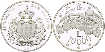 Сан-Марино 1000 лир 2001 R, последний выпуск лировой системы KM 436 серебро PROOF 00-000-00