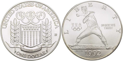 США 1 доллар 1992 D, Олимпийские игры, бейсбол KM 234 серебро UNC 1078-9-23