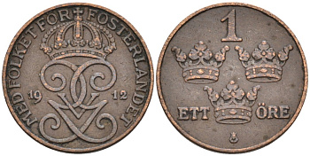 Швеция 1 эре 1912 Густав V (1907-1950) KM 777.2 бронза 188-1219