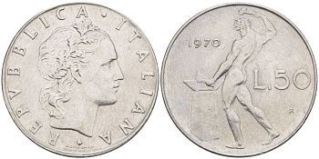 ИТАЛИЯ 50 ЛИР 1970 R, БОГ ОГНЯ ВУЛКАН У НАКОВАЛЬНИ KM 95.1 нержавеющая сталь 4551-353