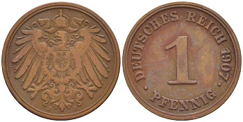 ГЕРМАНИЯ 1 ПФЕННИГ 1907 J KM 10, J. 10, Weege 2 медь 211-354