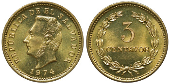 Сальвадор 3 сентаво 1974 год тип, Франсиско Морасан KM 148 никель латунь UNC M55-03