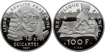 ФРАНЦИЯ 100 ФРАНКОВ = 15 ЭКЮ 1991 ДЕКАРТ KM 1002 серебро PROOF 1091-1-63
