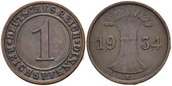 Германия 1 рейхспфенниг 1934 E KM 37, J. 313 бронза 4516-235