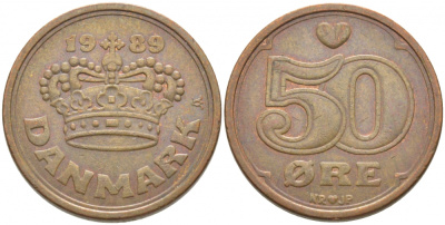 Дания 50 эре 1989 Маргрете II (1972- ) KM 866.1 бронза 3856-341