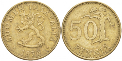 ФИНЛЯНДИЯ 50 ПЕННИ 1976 K KM 48 алюминиевая бронза 213-931