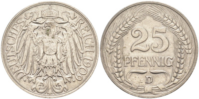 Германия 25 пфеннигов 1909 D KM 18, Weege 12, J.18 никель 186-1041