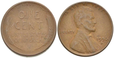 США 1 ЦЕНТ 1956 D, ЛИНКОЛЬН KM А132 медь цинк 3309-1152