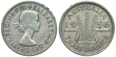 Австралия 3 пенса 1956 m, Елизавета II (1952-2022) KM 57 серебро 71-457