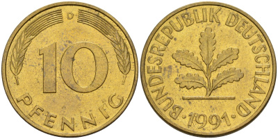 ФРГ 10 пфеннигов 1991 D KM 108, J. 383 сталь плакированная латунью 4175-1132