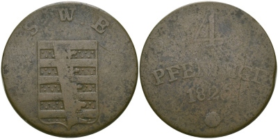 Саксен-Веймар-Эйзенах 4 пфеннига 1826 Карл Август (1758-1809-1828) KM 65, Jaeger 523, AKS 10 медь    65-614