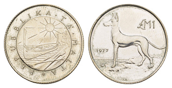 Мальта 1 лира 1977 Мальтийская охотничья (Фараонова) собака KM 45 серебро BU 1528-1422