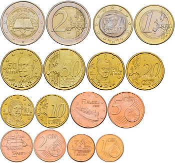 ГРЕЦИЯ ЕВРОНАБОР ИЗ 8 МОНЕТ 2007 1, 2, 5, 10, 20, 50 ЕВРОЦЕНТОВ, 1 И 2 ЕВРО UNC 68-851