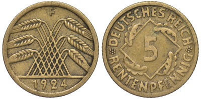 Германия 5 рентенпфеннигов 1924 J KM 32, J. 308 алюминиевая бронза 4602-969