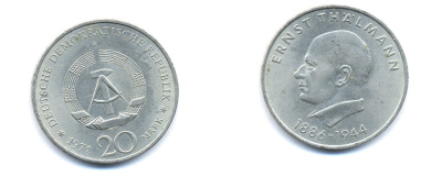 ГДР 20 марок 1971 A, 85 лет со дня рождения Эрнста Тельмана KM 34, J. 1535 медно-никель 3333-532