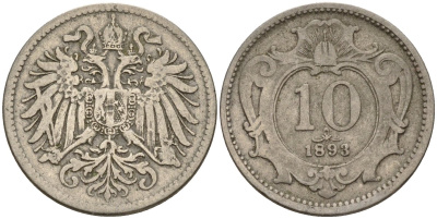 Австрия 10 геллеров 1893 Франц Иосиф (1848-1916) KM 2802 никель 4152-122