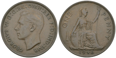 Великобритания 1 пенни 1946 Георг VI (1936-1952) KM 845, Spink 4114 бронза 81-442