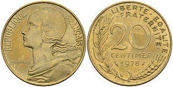 Франция 20 сантимов 1978 тип Марианна KM 930 медь алюминий никель    4153-417