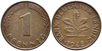 ФРГ 1 ПФЕННИГ 1948 G KM А101, J.376 сталь плакированная медью 4392-1015