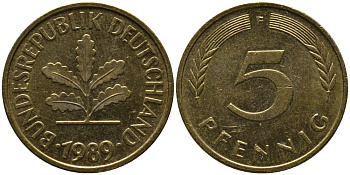 ФРГ 5 ПФЕННИГОВ 1989 F KM 107, J. 382 сталь плакированная латунью 33-223