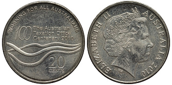 АВСТРАЛИЯ 20 ЦЕНТОВ 2010 100 ЛЕТ НАЛОГОВОМУ УПРАВЛЕНИЮ KM 1513 медно-никель 4538-245