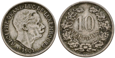 Люксембург 10 сантимов 1901 Адольф (1890-1905) KM 25 медно-никель 4602-453