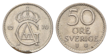 Швеция 50 эре 1970 U, Густав VI Адольф (1950-1973) KM 837 медно-никель 183-225