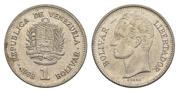 Венесуэла 1 боливар 1989 Симон Боливар, тонкий шрифт Y 52a.1 сталь плакированная никелем 4589-945