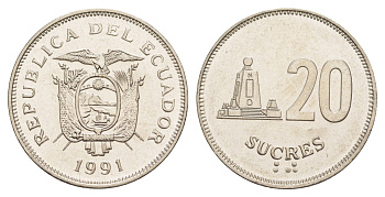 Эквадор 20 сукре 1991 KM 94.2 сталь плакированная никелем UNC 4641-725