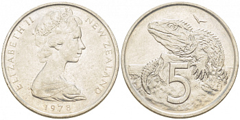 Новая Зеландия 5 центов 1978 Елизавета II (1952-2022), ящерица гаттерия KM 34.1 медно-никель 214-852