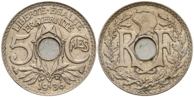 Франция 5 сантимов 1936 KM 875 медно-никель 4596-637