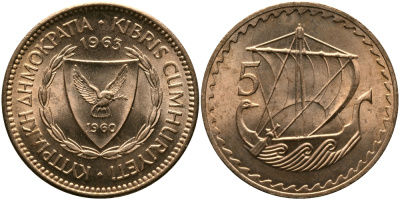 Кипр 5 милсов 1963 парусник KM 39 бронза aUNC 33-751