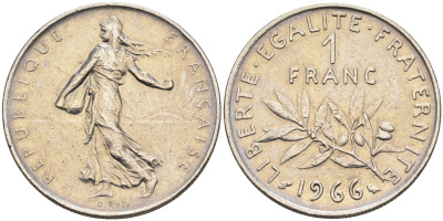 Франция 1 франк 1966 сеятель KM 925.1 никель    4177-245
