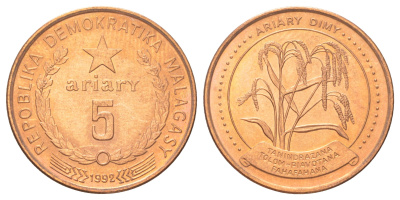 Мадагаскар 5 ариари 1992 KM 17 сталь плакированная медью UNC 4624-552