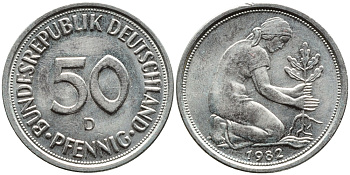 ФРГ 50 ПФЕННИГОВ 1982 D KM 108 сталь плакированная латунью 73-213