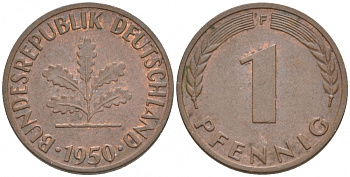ФРГ 1 ПФЕННИГ 1950 F KM 105, J.380 сталь плакированная медью 44-137