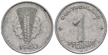 ГДР 1 пфенниг 1950 A KM 1 алюминий 188-139