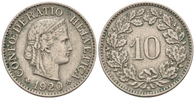 Швейцария 10 раппенов 1920 В KM 27 медно-никель 4576-938