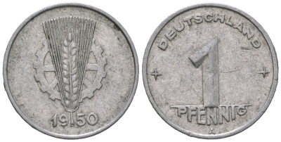 ГДР 1 пфенниг 1950 A KM 1 алюминий 188-139