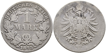 Германия 1 марка 1875 E Weege 17, J. 9, KM 7 серебро 176-122