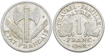 ФРАНЦИЯ 1 ФРАНК 1942 LB, ТИП LOURDЕ, ПРАВИТЕЛЬСТВО ВИШИ KM 902.1, LE FRANC 222.2 алюминий 202-432